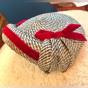 Vintage 1950s Gray White Straw Hat W/ Red Trim & Bows Rhinestones Juliette Cap